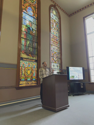 Dr. Sadler in the John Dewey Lounge.